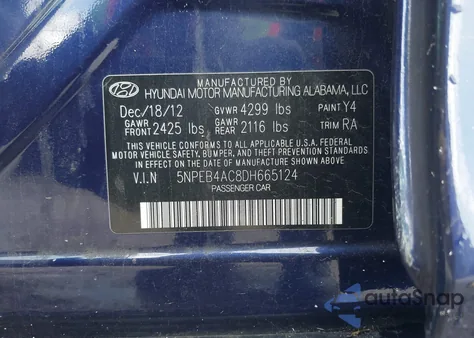 2013 Hyundai Sonata Gls из США, поврежденный, VIN 5NPEB4AC8DH665124